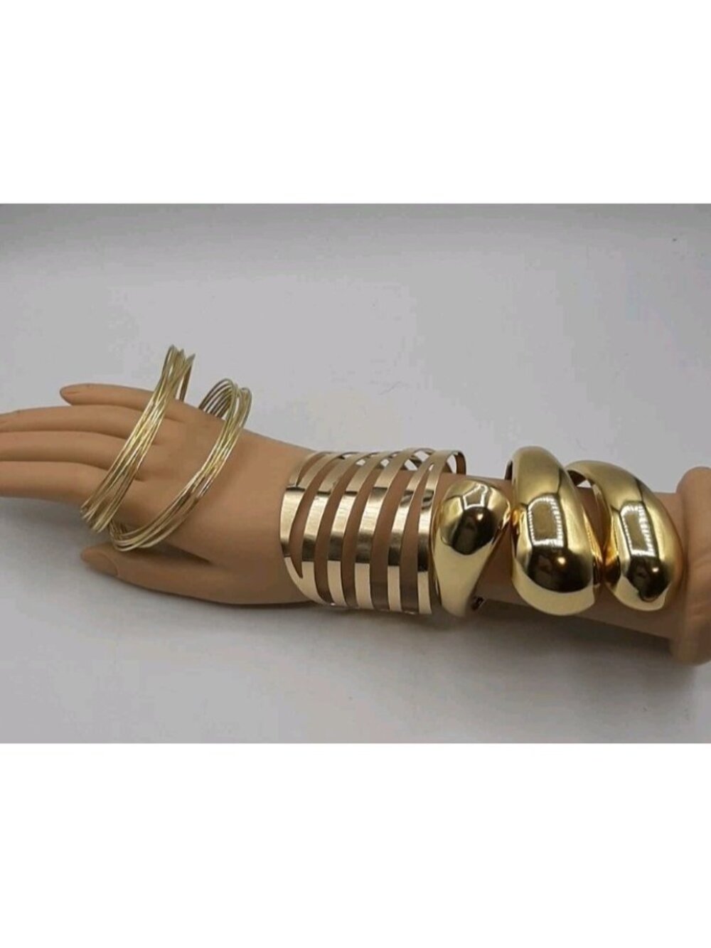 Wide Gold Tone Statement Bracelets Set of 3 Cuffs Clip On